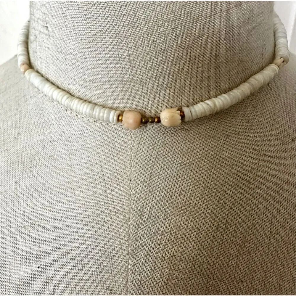 Puka shell  with carved rose beaded necklace